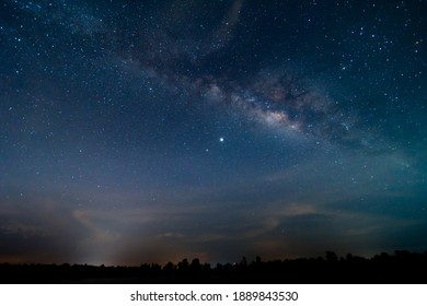 Beautiful, Wide Blue Night Sky With Stars And Milky Way Galaxy. Astronomy, Orientation, Clear Sky Concept And Background.