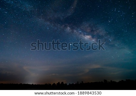 beautiful, wide blue night sky with stars and Milky way galaxy. Astronomy, orientation, clear sky concept and background.