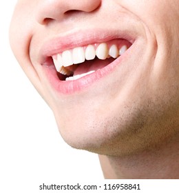 Beautiful Wide Smile Of Young Man With Great Healthy White Teeth. Isolated Over White Background