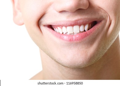 Beautiful Wide Smile Of Young Man With Great Healthy White Teeth. Isolated Over White Background