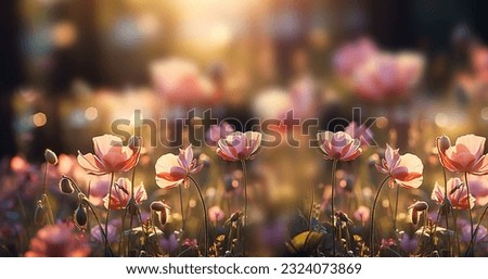 Beautiful wild flowers chamomile, purple and pink wild peas, sunlight morning haze in nature close-up macro. Landscape wide format, copy space. Delightful pastoral airy artistic image. cosmos