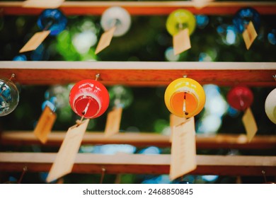 Beautiful wind chimes at a Japanese shrine in summer