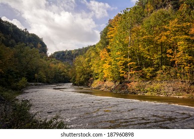 A Beautiful Winding River Lined With Trees In Autumn. Located In The Finger Lakes Region In New York State.