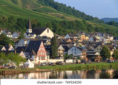 Beautiful Wine Growing Town Zell (an Der Mosel) At The River Moselle In Germany, A Popular Tourist River Cruise Destination 