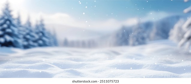 Beautiful winter background of snow and blurred forest in background, Gently falling snow flakes against blue sky. Wide panorama format. - Powered by Shutterstock