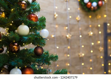 Beautiful winter card. Christmas tree decoration toys ball and lights. New Year holiday. Wonderful background event. Family interior celebration.  - Shutterstock ID 1242407179