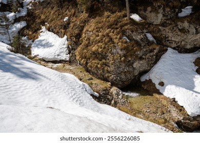 A beautiful winter day in Garmisch-Partenkirchen shows a gentle stream flowing through the snowy landscape. - Powered by Shutterstock