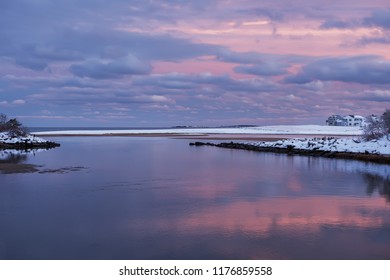 A Beautiful Winter Evening On The Atlantic Coast. A Traditional View Of Maine. USA.
