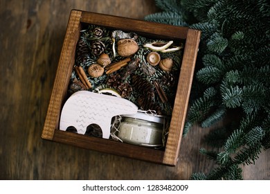 Beautiful Winter Gift Set: Rustic Wooden Box, Wooden Ornament In Shape Of Bear, A Jar Of Honey And A Small Hand Made Wreath Decorated With Acorns, Cinnamon And Pine Cones