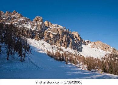 Beautiful Winter Landscape in the Italian Dolomites. Tofana di Rozes with the Cinque Torri group. Cortina d'Ampezzo, Veneto. Italy. January 2020 - Shutterstock ID 1732420063