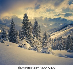 Beautiful winter landscape in the mountains. Retro style.  - Shutterstock ID 200472410