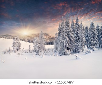 Beautiful Winter Landscape In The Mountains. Sunset