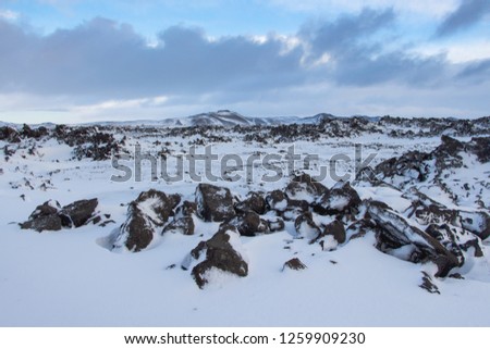 Beautiful winter landscape , snow covered lava field in Reykjanes Peninsula, Iceland