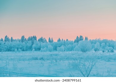 Beautiful winter landscape with snow-covered trees in frost. Evening sky in blue and pink tones. - Powered by Shutterstock