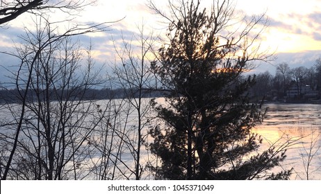 Beautiful Winter Landscape At Sunset On Frozen Lake, Paw Paw Michigan