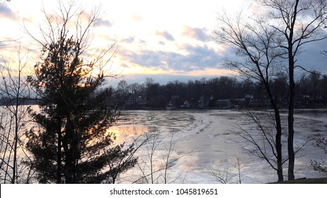 Beautiful Winter Landscape At Sunset On Frozen Lake, Paw Paw Michigan