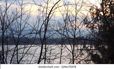 Beautiful Winter Landscape At Sunset On Frozen Lake, Paw Paw Michigan