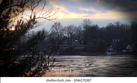 Beautiful Winter Landscape At Sunset On Frozen Lake, Paw Paw Michigan