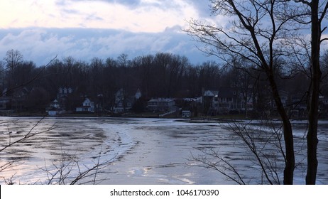 Beautiful Winter Landscape At Sunset On Frozen Lake, Paw Paw Michigan