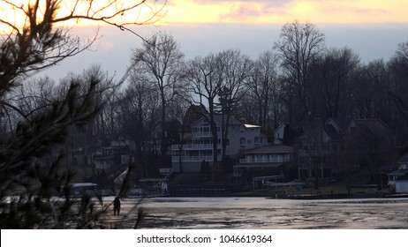 Beautiful Winter Landscape At Sunset On Frozen Lake, Paw Paw Michigan