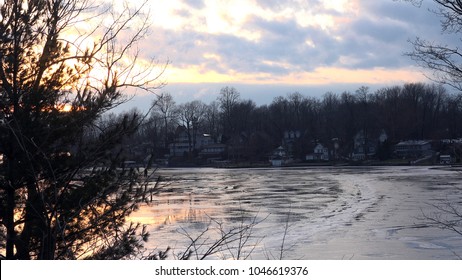 Beautiful Winter Landscape At Sunset On Frozen Lake, Paw Paw Michigan