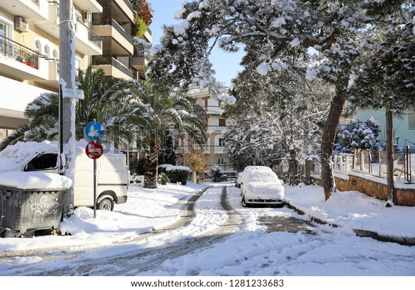 Beautiful winter morning snow covered\
streets of Athens, Greece, 8th of January\
2019.