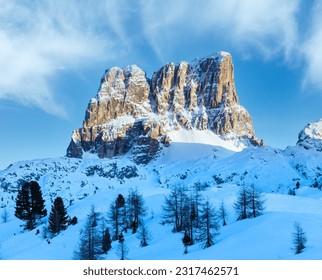 Beautiful winter mountain landscape with fir tree on slope (Falzarego Pass , Italy).