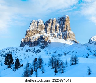 Beautiful winter mountain landscape with fir tree on slope (Falzarego Pass , Italy).