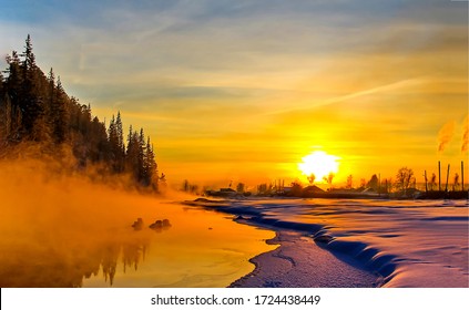 Beautiful Winter Nature, Snow Landscape At Dawn