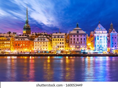 Beautiful winter scenery panorama of the Old Town (Gamla Stan) pier architecture in Christmas and New Year holidays in Stockholm, Sweden