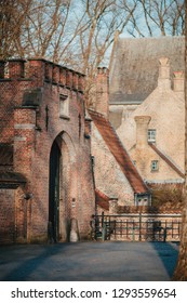 Beautiful Winter Sunrise On The Old European Streets. Bruges, Belgium 