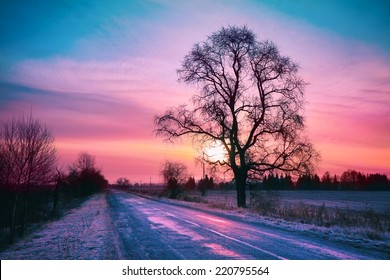 Beautiful Winter Sunrise Over Road 