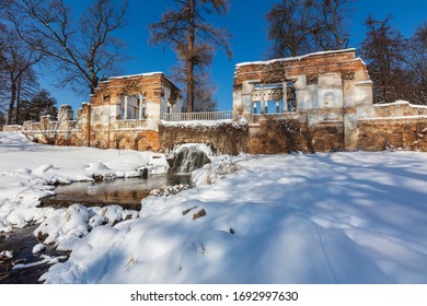 Beautiful Winter View In Alexandria Park. Ruin. Waterfall. Beautiful Snow.