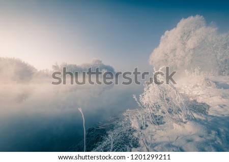 Beautiful winter wonderland landscape with foggy river and trees, covered with hoar frost.