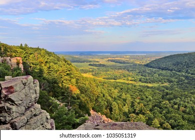 Beautiful Wisconsin Summer Nature Background. Areal View From Rocky Ice Age Hiking Trail During Sunset Hours. Devil's Lake State Park, Baraboo Area, Wisconsin, Midwest USA.