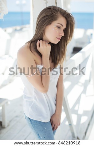 Similar – Woman looking from her balcony the city