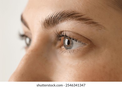 Beautiful woman after lash laminating and tinting procedure on light background, closeup