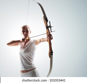 Beautiful Woman Aiming With Bow And Arrow