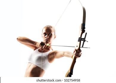 Beautiful Woman Aiming With Bow And Arrow