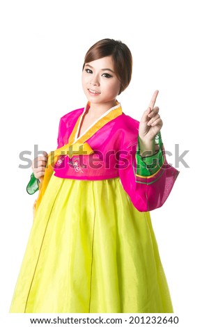 Beautiful woman asian girl hanbok dress korea.Woman in Korean Traditional Dress.Smiling korea woman dress traditional,Thumbs Up,studio shot isolated on white background.