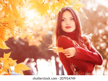 Beautiful Woman In Autumn Park 