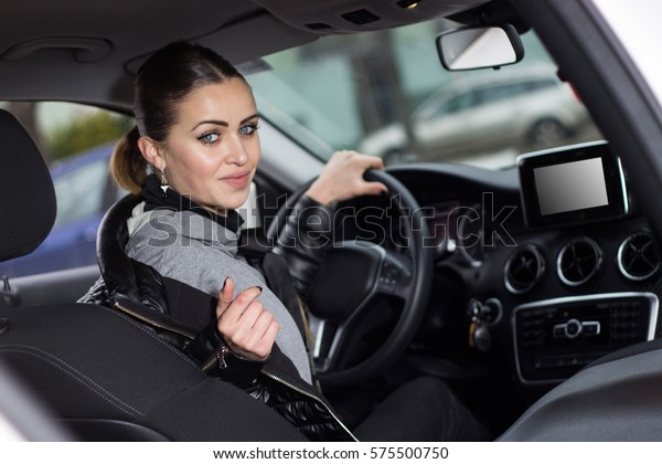 Beautiful Woman Backing Her Car Parking Stock Photo (Edit Now) 575500750