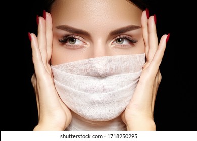 Beautiful Woman With Bandage Mask On Face. Fashion Eye Make-up, Long Eyelashes And Perfect Shade Eyebrows. Beauty Plastic Surgery Or Protection Hygiene In Viral Covid-19 Pandemic