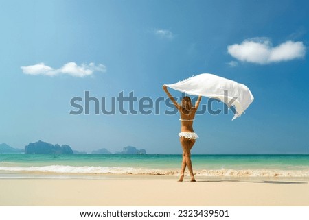 Similar – Image, Stock Photo Tranquil woman sunbathing in lounger on beach