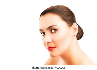 Beautiful Woman With Big Brown Eyes And Brown Hair Pulled Back, Red Lips