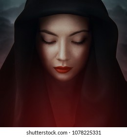 Beautiful Woman Big Eyes Covers Her Face With A Black Cloth. Red Lips Girl Under Hood. In Colorful Bright Lights