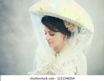 Beautiful Woman In Big Hat Of Victorian Or Edwardian Era