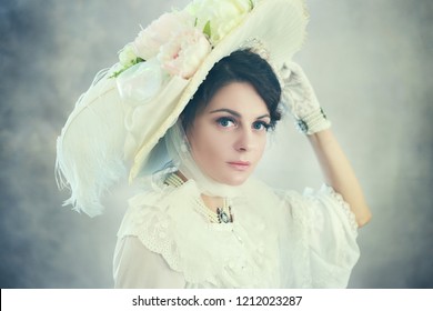 Beautiful Woman In Big Hat Of Victorian Or Edwardian Era