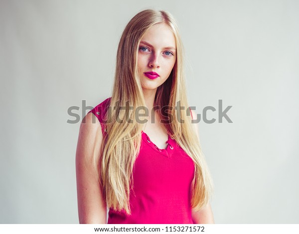 Beautiful Woman Blonde Hair Pink Dress Stock Photo Edit Now