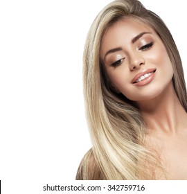 Beautiful Woman Blonde Hair Portrait Close Up Studio On White Long Hair